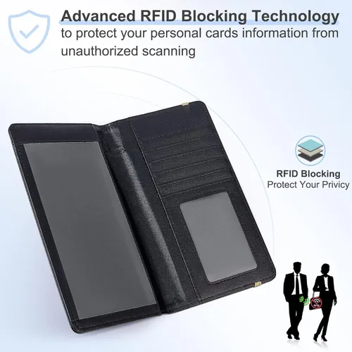 Vista 6 de Funda para chequera personal, cartera RFID con soporte para bolígrafo y divisor de plástico transparente integrado para cheques duplicados, Negro