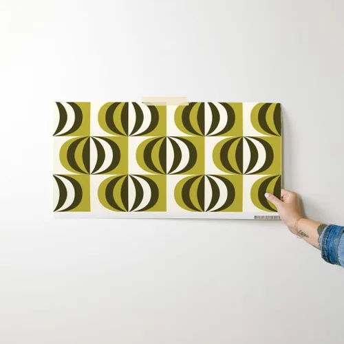 Vista 7 de Muestra de papel tapiz extraíble, rayas de mediados de siglo, color verde oliva, negro, blanco, círculos geométricos modernos de mediados de siglo