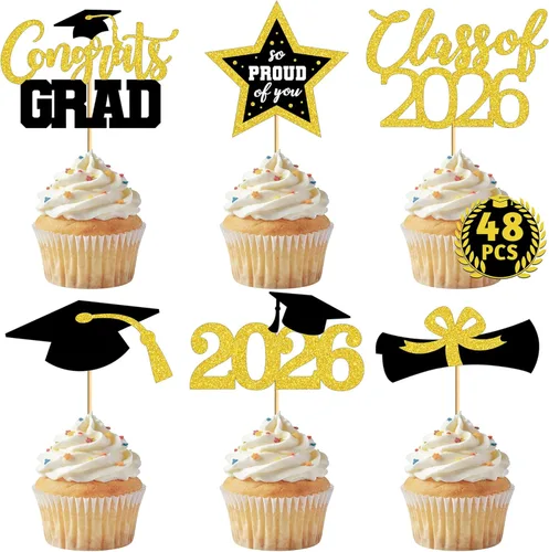 Vista 16 de 48 adornos para cupcakes graduados, 6 estilos de decoración para tartas de graduación, decoraciones de graduación de felicitaciones 2026, tapa negra