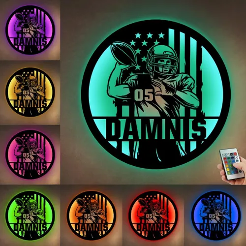 Vista 7 de Letrero de metal personalizado para jugador de fútbol con luz LED, nombre y número personalizado, arte de pared de fútbol, letrero de neón