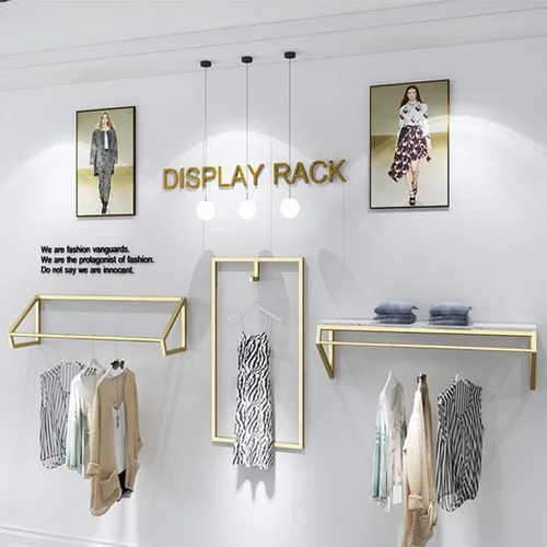 Vista 6 de Modern Simple - Estante de exhibición de metal resistente para hombres y mujeres, perchero de pared con madera, riel para ropa, toallero para colgar
