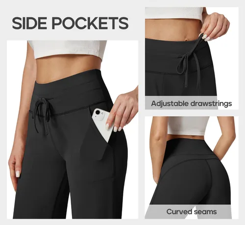 Vista 3 de Heathyoga Pantalones de pierna ancha para mujer, pantalones deportivos con bolsillos, pantalones de yoga de cintura alta, cómodos y holgados
