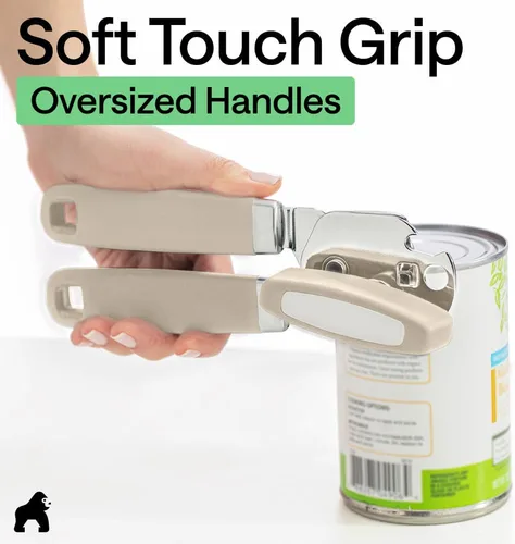 Vista 4 de GORILLA GRIP - Abridor de latas manual de acero inoxidable resistente con borde liso y abridor de botellas, mango suave y cómodo, perilla giratoria
