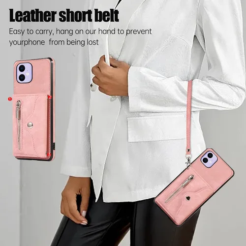Vista 6 de Asuwish Funda de teléfono para iPhone 11 6.1 con correa cruzada para muñeca, soporte para tarjetas de crédito, accesorios de cuero para celulares