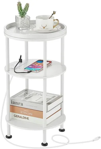 Vista 18 de Mesa auxiliar redonda pequeña con estación de carga para espacios pequeños, mesa decorativa de 3 niveles con puertos USB y tomas de corriente, mesa