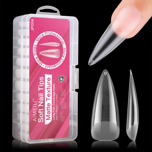 Vista 13 de AIMEILI 432 puntas de uñas postizas cortas de almendra, redondas, de cobertura completa, para extensión de uñas de remojo, uñas postizas acrílicas a