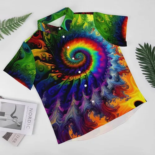 Vista 3 de Liohans Camisa hawaiana misteriosa psicodélico de arco iris con bolsillo de solapa y botones