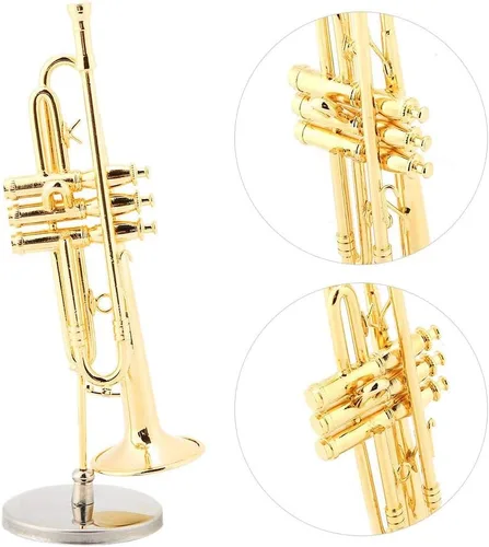 Vista 3 de Hztyyier Adorno de instrumento, chapado en oro, réplica de adorno de trompeta en miniatura, modelo musical con estuche de regalo para regalos