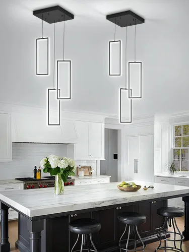 Vista 2 de ykolupty Moderno candelabro LED ajustable colgante negro lámpara colgante 3 luces rectangulares candelabros para cocina, escalera de isla comedor