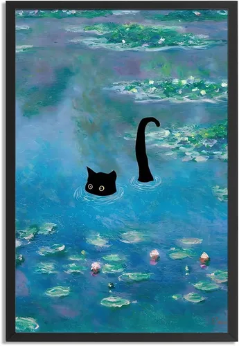 Vista 9 de Arte de pared divertido enmarcado de gato Monet Waterlily Cat Poster para habitación decoración estética, lindas imágenes de gato negro, impresiones