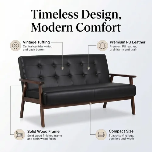 Vista 4 de 51" Black Faux Leather Mid Century Modern Loveseat for Living Room