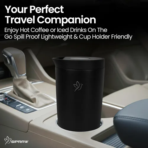 Vista 4 de Taza de café de viaje de 12 onzas, taza de café aislada de acero inoxidable con tapa a prueba de fugas para bebidas calientes y frías, sin BPA, Negro