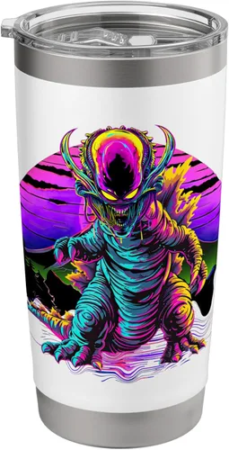 Vista 8 de Retro Funny streetwear Synthwave 80s 90s spacezilla alien Stainless Steel Insulated Tumbler