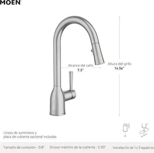 Vista 3 de Moen Adler Grifo de fregadero de cocina cromado de un solo mango con arco alto y fuerza de limpieza, llave de cocina moderna con rociador extraíble