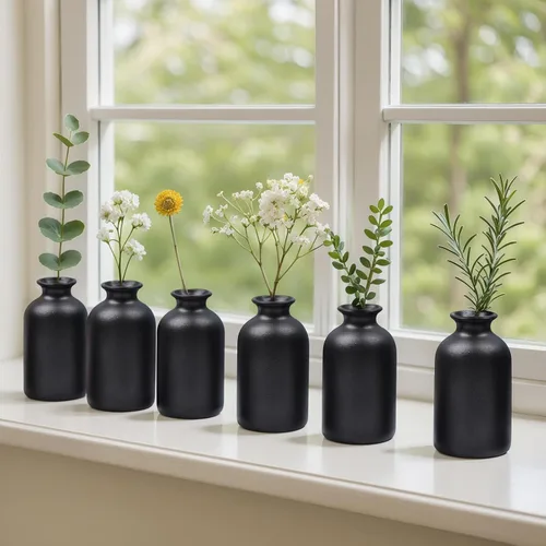 Vista 8 de Juego de 6 jarrones de cerámica negra, jarrones pequeños de 5 pulgadas para flores secas o plantas de casa, jarrones decorativos bohemios modernos