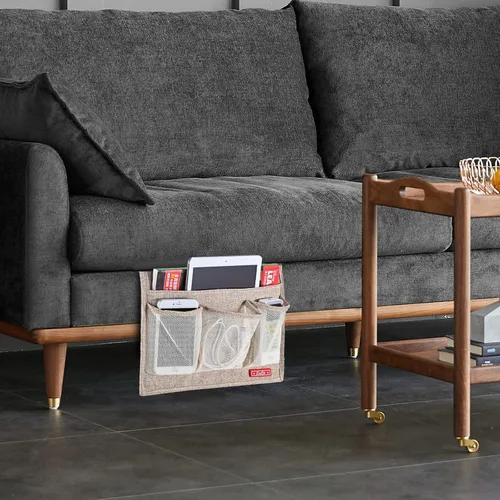 Vista 7 de Zafit Organizador de cama de lino con 4 bolsillos, organizador de almacenamiento para revistas, mandos a distancia, teléfono