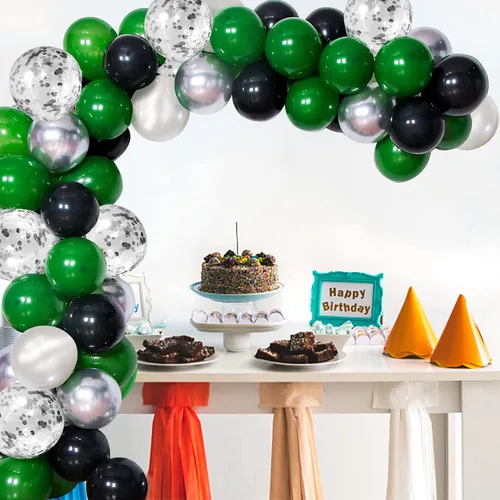Vista 4 de 100 globos de color verde, plateado, negro y blanco, cromados, metálicos y globos de confeti para decoraciones de graduación, cumpleaños, baby