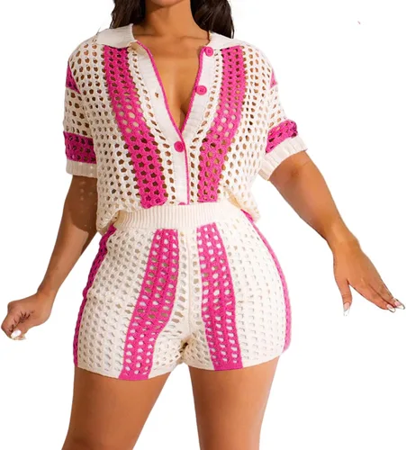 Vista 12 de VOIKERDR Crochet Sets Two Piece Women Hollow Out Shirt and Shorts Todo negro