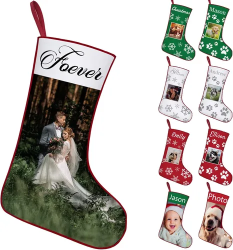 Vista 15 de Calcetines de Navidad personalizados con foto de nombre, imagen de perros y mascotas, patas de perro, calcetines de Navidad, decoración colgante