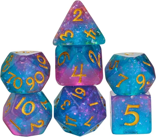 Vista 17 de Juego de dados de resina para DND, juego de 7 dados poliédricos negros D&D rellenos con papel de colores brillantes para juegos de rol