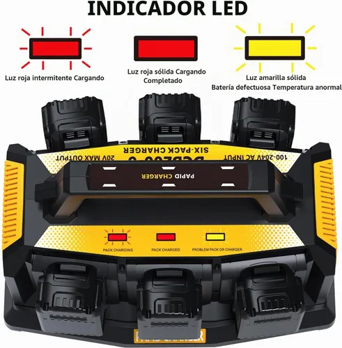 Vista 5 de Choerinton Cargador de batería rápido de 6 puertos para batería DeWalt de 20 V, repuesto para DCB104 DCB107 DCB115, compatible con 20V Max 60V