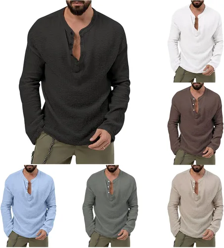 Vista 6 de Camisa Henley con botones para hombre, cuello redondo, ligera, de manga larga, casual, holgada, transpirable, a la moda
