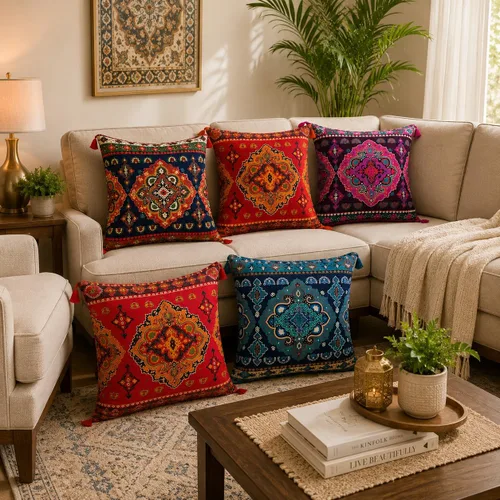 Vista 3 de Juego de 5 fundas de almohada étnicas indias para sofá, decoración de árabe occidental, juego de 5 fundas coloridas de estilo bohemio para sofá