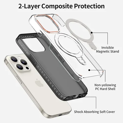 Vista 4 de Funda protectora para iPhone 15 Pro diseñada con anillo magnético, compatible con MagSafe, funda protectora de doble capa para iPhone 15 Pro, Negro