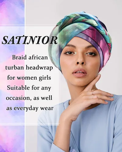 Vista 2 de SATINIOR 4 piezas de turbante africano para mujer, turbante con cuentas