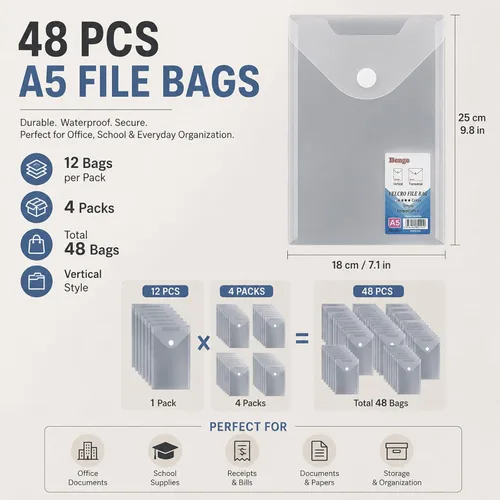 Vista 3 de CYEAH 48 Pack Plastic Envelopes, 7 X 10" Clear Reusable Waterproof File Folder with Snap Button, A5 Clear Envelopes for School and Office Supplies