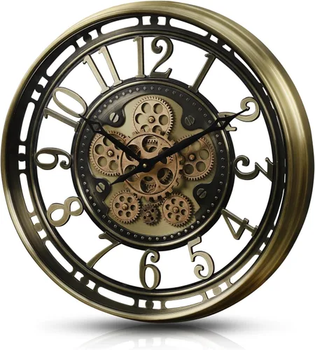 Vista 9 de CLXEAST Reloj de pared de engranajes en movimiento industrial de 21 pulgadas, reloj de pared moderno de estilo granja con números arábicos, funciona