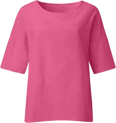 Vista 4 de DASAYO Camisetas de lino de algodón para mujer, ajuste holgado, manga de codo, casual, para verano, blusas para salir, trajes de gasa a la moda