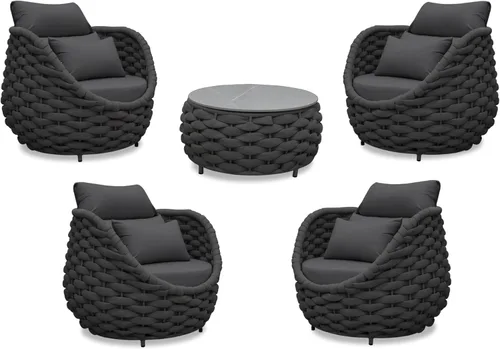 Vista 27 de Juego de muebles de patio de aluminio de 3 piezas: cuerda tejida a mano para conversación al aire libre, juego de 2 cojines modernos montados, juego