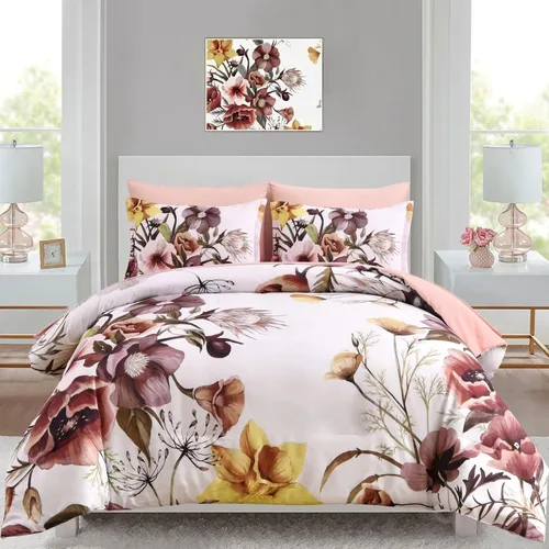 Vista 9 de Luxudecor Juego de edredón floral tamaño individual de 7 piezas, cama de flores aguamarina en una bolsa, elegante edredón floral degradado con juego