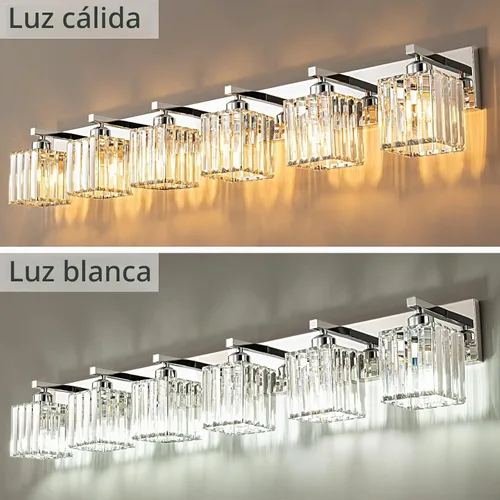 Vista 2 de Moderna lámpara de tocador de baño de cristal, color cromo, de 6 luces Cromo Recto