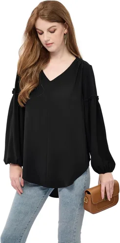 Vista 2 de Sanifer Blusa casual de manga larga tipo globo para mujer, cuello redondo, ajuste holgado