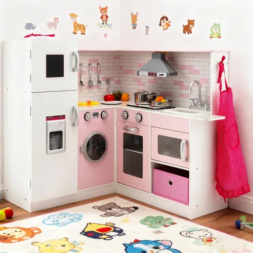 Vista 11 de Costzon Juego de cocina para niños, cocina de juego de simulación de madera 9 en 1 con luz y sonido realistas, máquina de hielo, lavadora