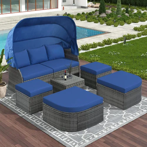 Vista 15 de Sofá cama redondo de ratán al aire libre con toldo retráctil y mesa de centro elevadora, muebles de patio, juego de sofá para piscina Garde