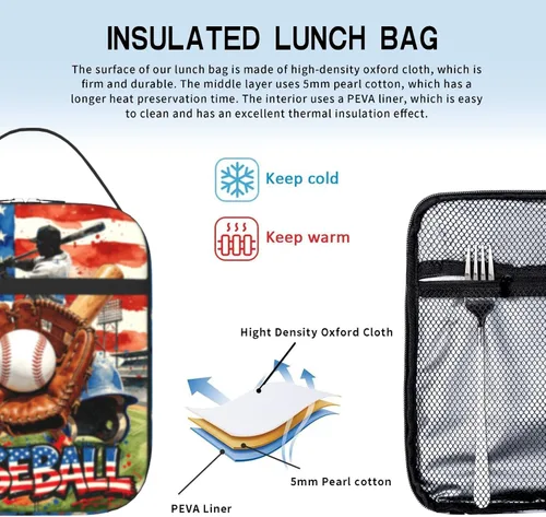 Vista 3 de Lonchera de béisbol con temática deportiva para niños, niñas, adolescentes, bolsa de almuerzo de béisbol aislada para niños, bolsa de almuerzo
