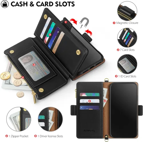 Vista 6 de Antsturdy Compatible con iPhone 15 Pro Max Funda Cartera para Mujeres【Bloqueo RFID】Funda de Teléfono Cruzada de Cuero PU con Cremallera y Correa