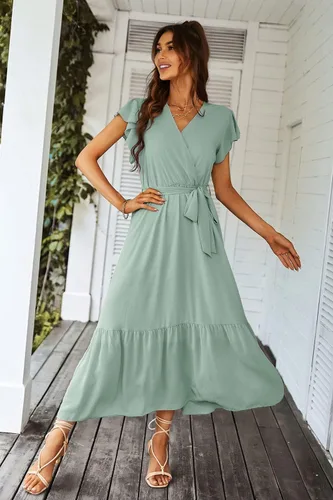 Vista 2 de PRETTYGARDEN - Vestido floral de verano para mujer, cruzado, con cuello en V, manga corta, con cinturón, dobladillo con volantes, acampanado