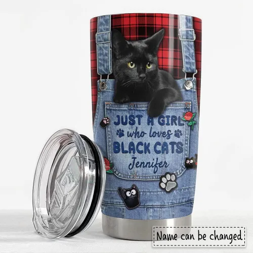 Vista 2 de SANDJEST Vaso personalizado de gato negro con texto en inglés «Just A Girls Who Loves Cat», vasos de 20 onzas y 30 onzas con tapa, regalo