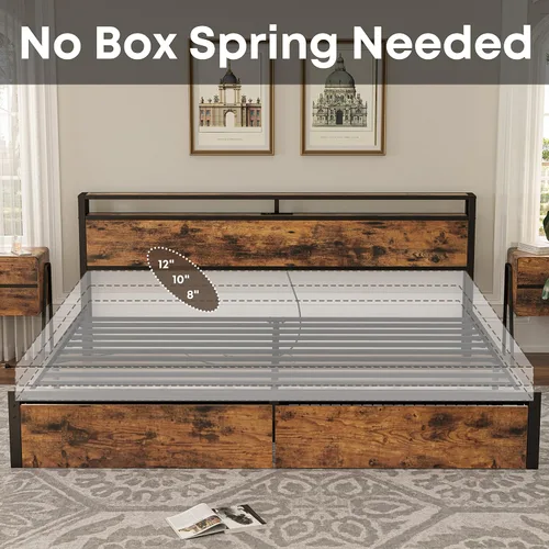 Vista 6 de LIKIMIO Marco de cama King con cabecera de almacenamiento, cama de plataforma con cajones y estación de carga, no necesita somier, fácil montaje