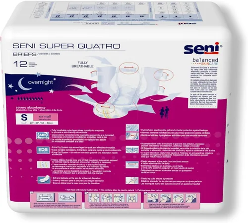 Vista 9 de Seni Super Quatro - Calzoncillos unisex para incontinencia adulta con pestañas, talla pequeña (55,9-81,3 cm), 12 unidades (1 paquete de 12)