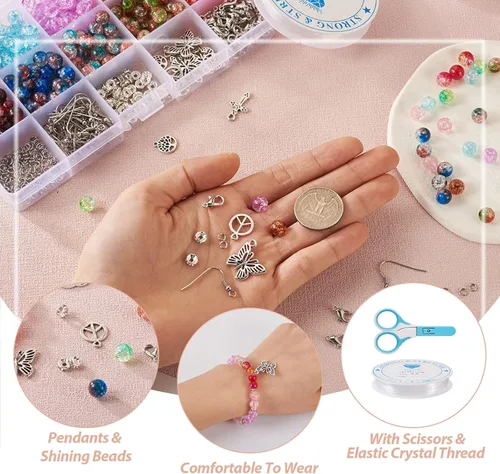 Vista 2 de Mega Pet 350 cuentas redondas de acrílico agrietadas con mariposa tibetana, cruz, signo de paz, dijes de metal y cuentas espaciadoras de cristal