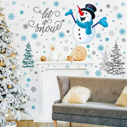 Vista 6 de Soaoo 63 calcomanías de pared de invierno, calcomanías de copos de nieve, calcomanías extraíbles de muñeco de nieve de Navidad, arte de pared