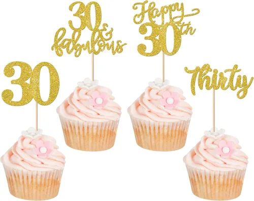 Vista 22 de Rsstarxi Paquete de 24 adornos con purpurina para cupcakes de 30 cumpleaños, treinta y 30 fabulosas selecciones de cupcakes, decoraciones para feliz