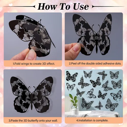 Vista 3 de Amaonm - Decoración de pared de mariposa 3D, 60 unidades, 5 estilos, 3 tamaños, mariposas, removibles, para bricolaje, huecas, de PVC, para niños