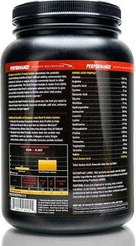 Vista 2 de Olympian Labs Polvo aislado de proteína de res, 0.85 oz de proteína, libre de BST, 0.07 oz de BCAA's, aminoácidos de construcción muscular, 32