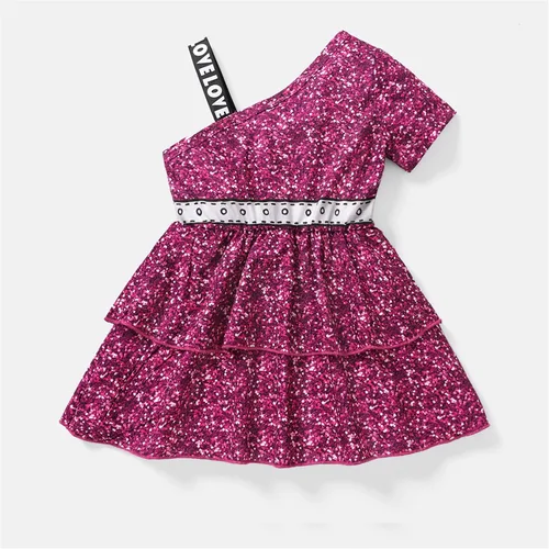 Vista 2 de L.O.L. Surprise! Vestido escalonado para niñas, estampado de figura en capas, un hombro, vestido casual fluido, talla 6-12